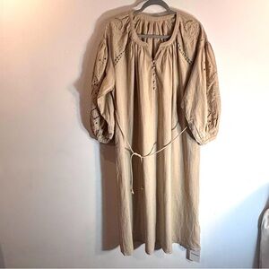 DRAWWIND Sz XS Oversized Boho Midi Dress Embroidered Balloon Sleeves Belted NEW